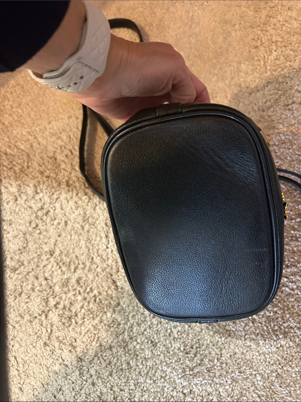 MCM Black Leather Mini Drawstring Bucket Bag with Gold Accents - Picture 10 of 14